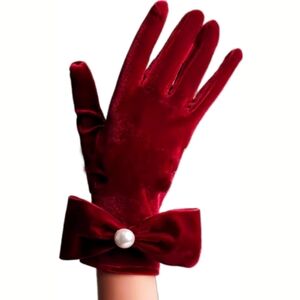 Beloved Millinery Elegant Deep Red Velvet Gloves with Bow and Pearl Detail